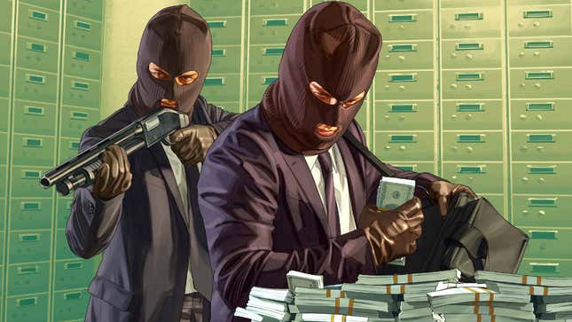 A piece of GTA promo art shows two masked men robbing a bank.