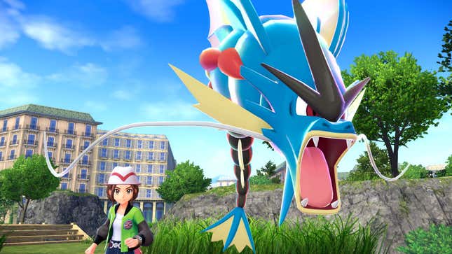 A trainer and Gyarados appear in the city. 