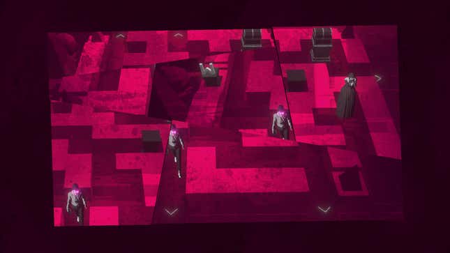 A woman walks through a shattered red maze