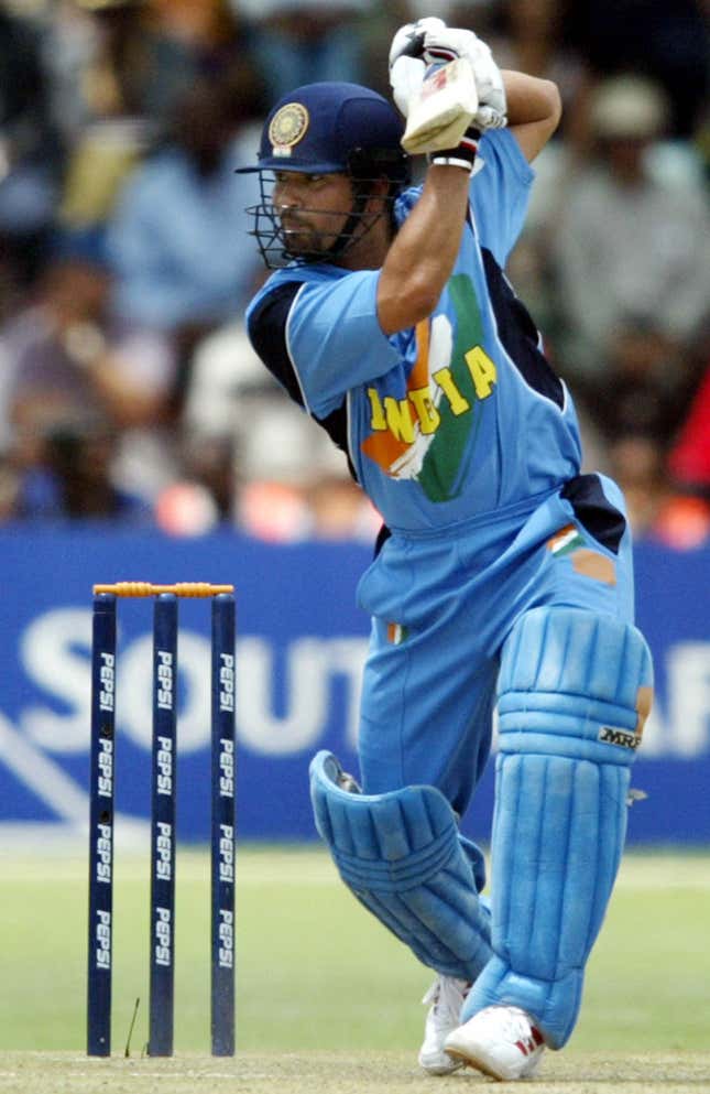 Sachin Tendulkar hits a shot during a World Cup match between India and Zimbabwe at Harare.