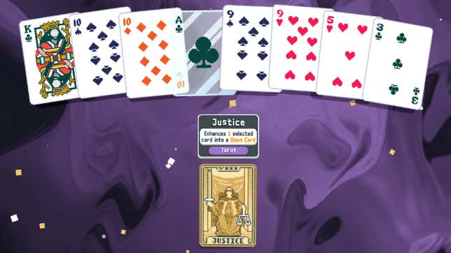 A table shows several cards and the Justice Arcana tarot card.