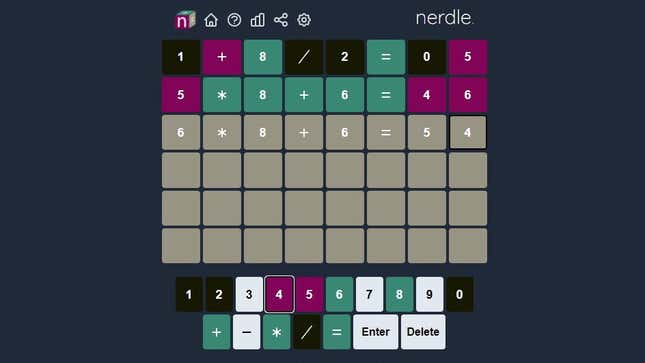 Nerdle's desktop version, with the correct mathematic solution about to be found.