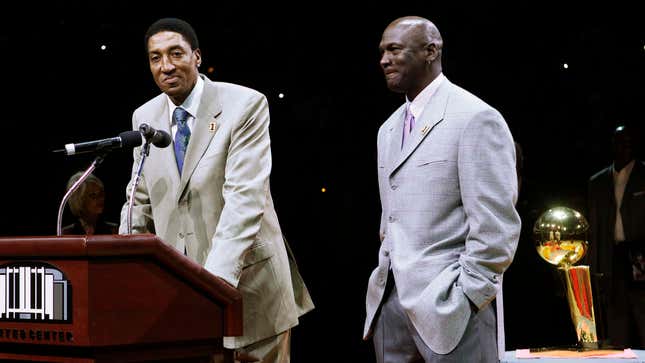 In this March 12, 2011, file photo, former Chicago Bull Scottie Pippen, left, addresses the crowd as Michael Jordan and teammates from their 1990-91 season celebrate the 20th anniversary of the Bulls’ first NBA championship, during halftime of an NBA game against the Bulls and Utah Jazz in Chicago. Pippen says he’s talked with Jordan since “The Last Dance” documentary aired in the spring and downplayed any rift between the retired Bulls stars. 