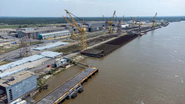 The old Avondale Shipyard in Bridge City, La., Friday, May 26, 2023. Plans by the Port of South Louisiana to purchase the shipyard for construction of military vessels have been delayed. The port in January had announced plans to purchase the old Avondale Shipyard site from port terminal operator T. Parker Host. The Times-Picayune/The New Orleans Advocate reported Wednesday, Oct. 11, that the purchase has been put off after port officials faced questions last month from the state Bond Commission. (David Grunfeld/The Times-Picayune/The New Orleans Advocate via AP)