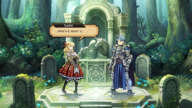 Scarlett and Alain stand infront of an altar in a forest