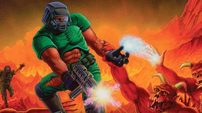 The iconic Doomguy in the 1993 box art for Doom.