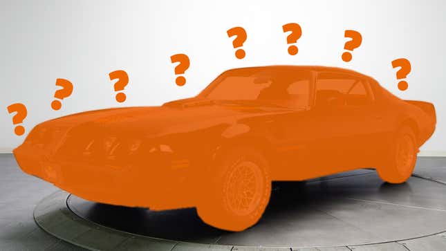 A photo of a Pontiac Firebird car with an orange outline and question marks around it. 