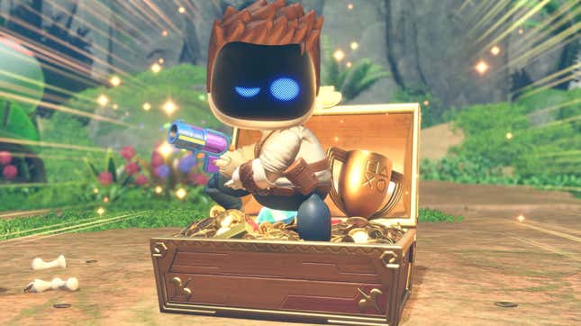 Um bot que se parece com Nathan Drake está em um baú de tesouro cheio de moedas de ouro e um troféu com ícones de botões do PlayStation. 