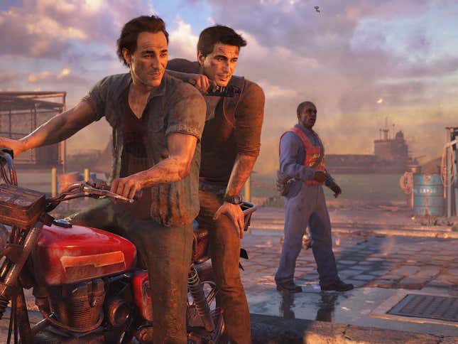 Nathan Drake and his long lost brother sit on a motorcycle in Uncharted 4.