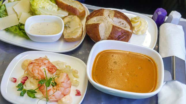 A photo of a meal served onboard an airplane. 