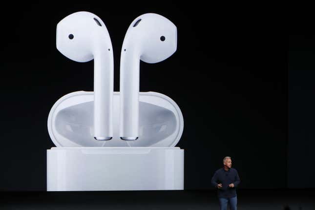 Apple Senior Vice President of Worldwide Marketing Phil Schiller announces AirPods during a launch event on September 7, 2016 in San Francisco, California. 