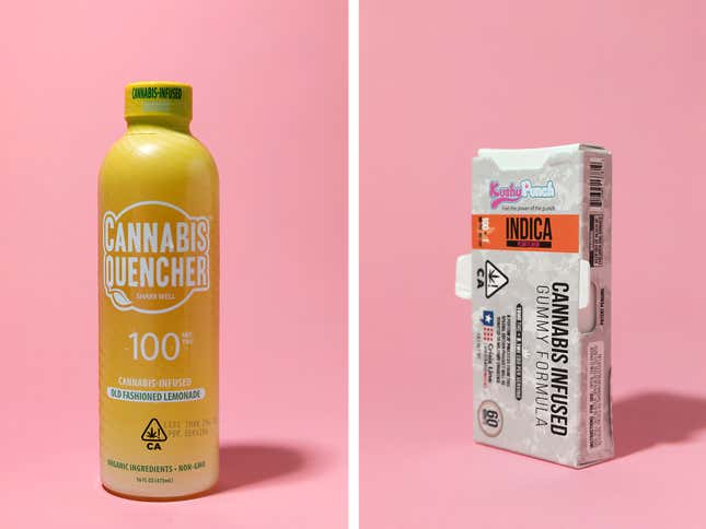 A cannabis-infused beverage and gummies.