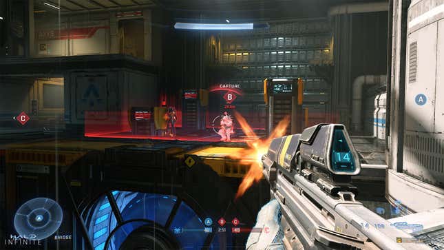 A screenshot shows someone firing an assault rifle in Halo Infinite. 