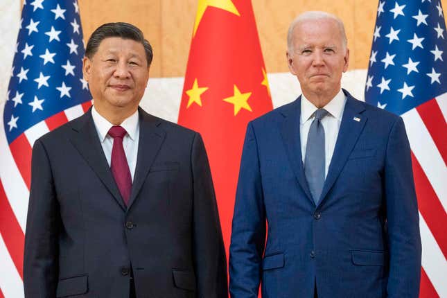 File - U.S. President Joe Biden, right, stands with Chinese President Xi Jinping before a meeting on the sidelines of the G20 summit on Nov. 14, 2022, in Bali, Indonesia. When Washington and Beijing do economic battle – as they have for five years now – the rest of the world suffers, too. And when they hold a top-level summit – as Biden and Xi will this week – the rest of the world pays attention. (AP Photo/Alex Brandon, File)