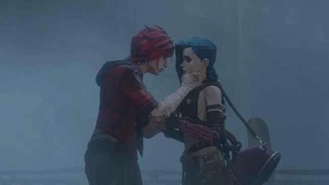 Vi and Jinx stand close to each other with fog surrounding them.