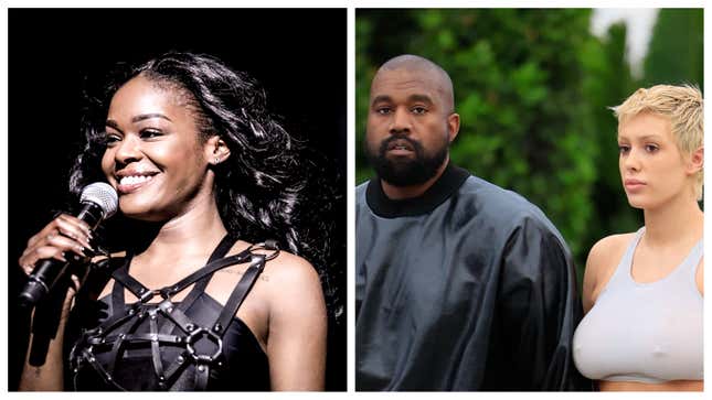 Azealia Banks, left; Kanye West and Bianca Censori.