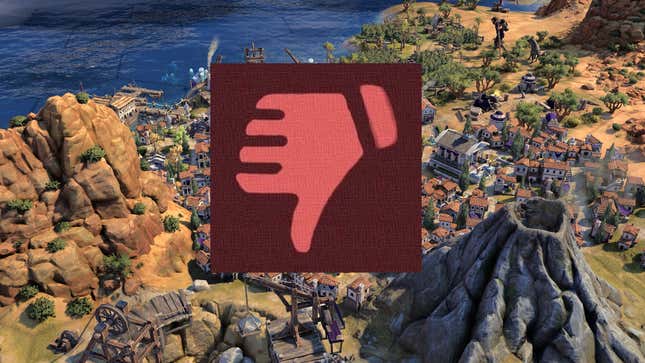 A thumbs down appears over a screenshot of Civ 7.