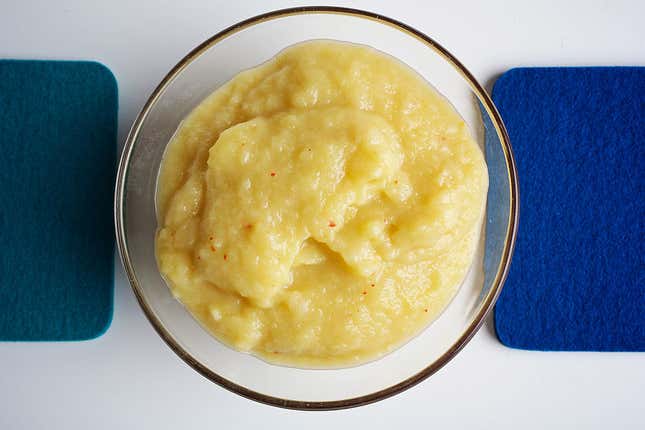 Overhead view of bowl of applesauce