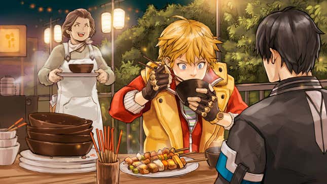 An image shows characters eating food in Troubleshooter. 