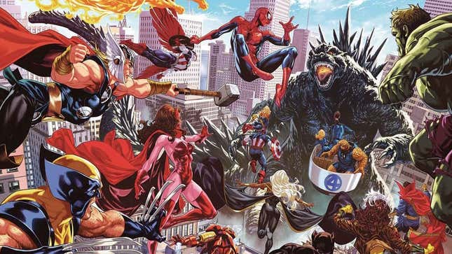 Lots of Marvel comic heroes attacking Godzilla.