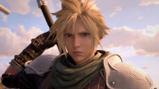 Cloud stares at the camera while reaching for his sword.