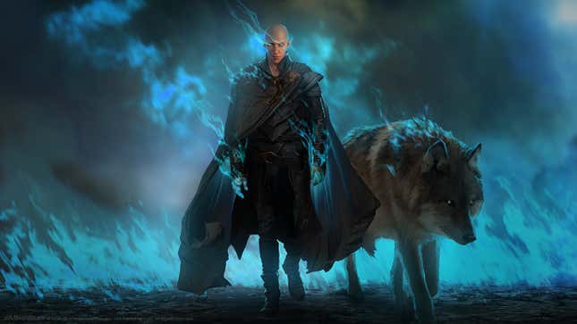 Solas walks alongside a big wolf.