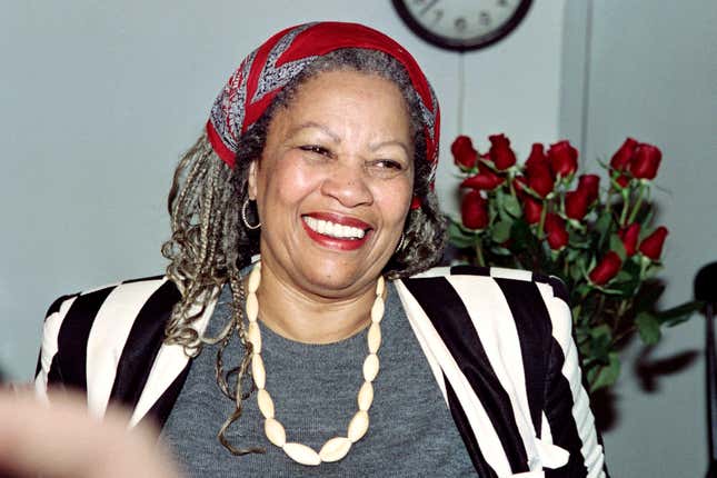 Toni Morrison smiles in her office at Princeton University in New Jersey, while being interviewed by reporters on October 7, 1993