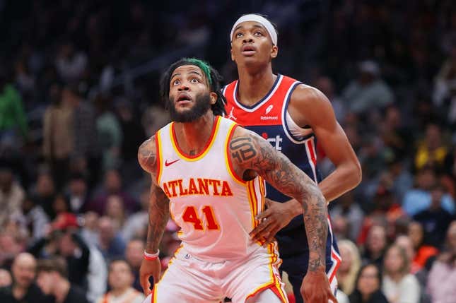 Nov 1, 2023; Atlanta, Georgia, USA; Atlanta Hawks forward Saddiq Bey (41) boxes out Washington Wizards guard Bilal Coulibaly (0) in the second half at State Farm Arena.