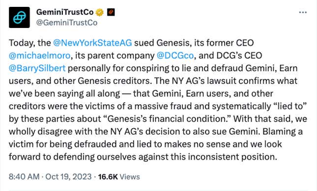 Gemini referred Gizmodo to this tweet as a press release.