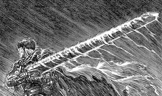 Guts the warrior holds along his giant greatsword in the pouring rain, his cloak billowing behind him.