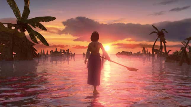 Yuna hält einen Stab und steht bei Sonnenuntergang auf dem Wasser