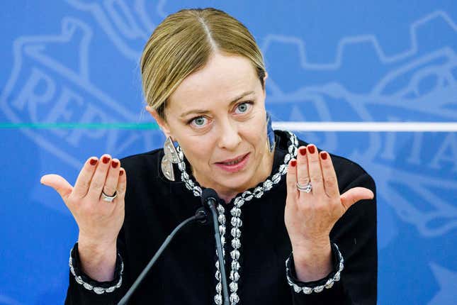 Italy&#39;s Premier Giorgia Meloni meets the media following a cabinet meeting in Rome Friday, Nov. 3, 2023. (Roberto Monaldo/LaPresse via AP)