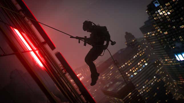 Call Of Duty Downsizes Massive Launcher A solider rapels down a building on a rope.