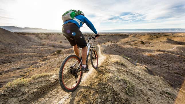 A mountain biker riding down a scenic single-track trail