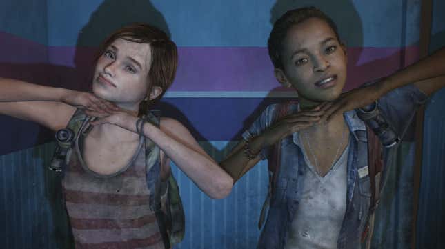 Ellie and Riley make goofy "romantic" gestures in a photo booth in a moment from The Last of Us: Left Behind.