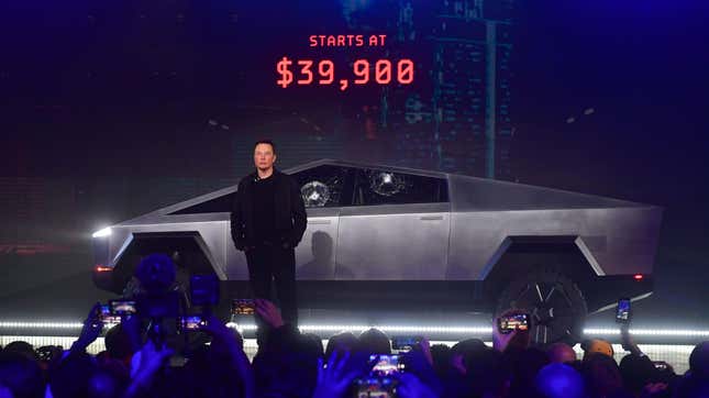 Tesla co-founder Elon Musk unveiling the Cybertruck at a Tesla Design Center in Hawthorne, California in November 2019.