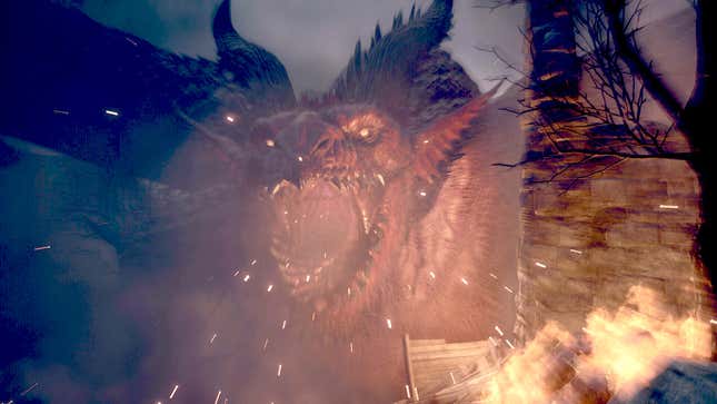 A red-colored dragon roars as a fire burns in front of it in Dragon's Dogma 2.
