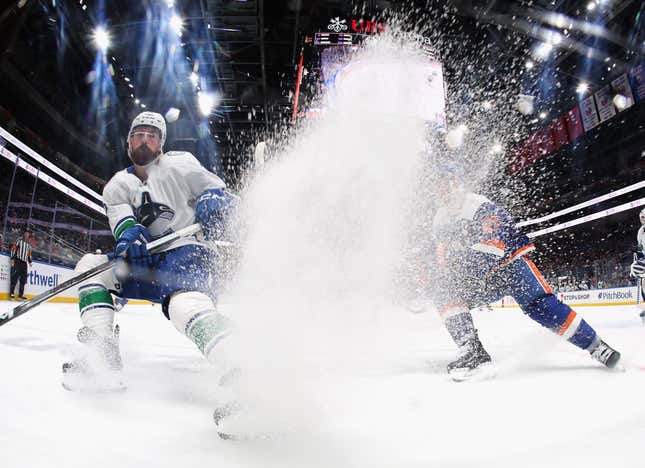 ELMONT, NEW YORK - JANUARY 09: Filip Hronek #17 of the Vancouver Canucks skates against the New York Islanders at UBS Arena on January 09, 2024 in Elmont, New York. (Photo by Bruce Bennett/Getty Images)