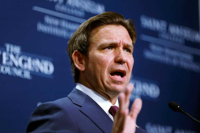 FILE - Republican Presidential candidate Florida Gov. Ron DeSantis speaks during the Politics &amp; Eggs program at Saint Anselm College, Friday, Oct. 13, 2023, in Manchester, N.H. DeSantis will bring lawmakers back to Tallahassee for a special session to impose additional sanctions on Iran, his office said Friday, Oct. 20, 2023. (AP Photo/Michael Dwyer, File)