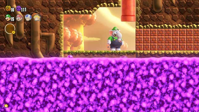 Luigi se tient à côté d'un mur de briques qui bloque la route.