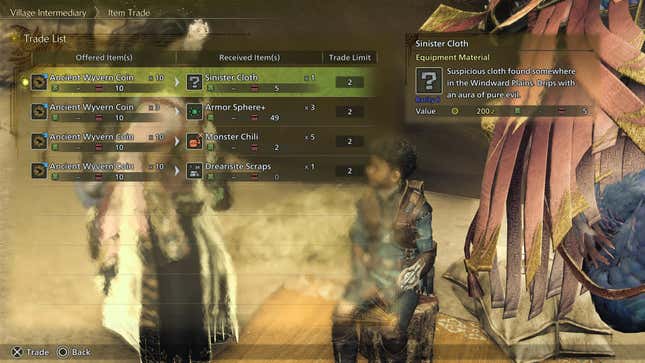 The Item Trade list screen, highlighting a rare Sinister Cloth trade for ten Ancient Wyvern Coins.