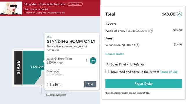 A ticket to Slayyyter’s Club Valentine Tour was advertised as $35 plus an unknown amount of fees but was $48 at checkout. 