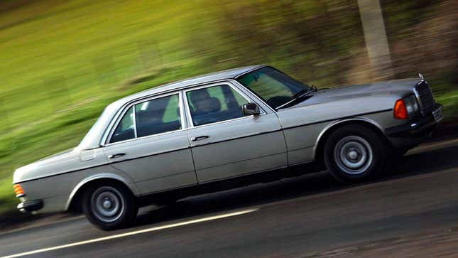 A photo of a silver Mercedes-Benz W123. 