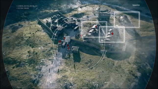 An aerial drone highlights enemies and objectives.