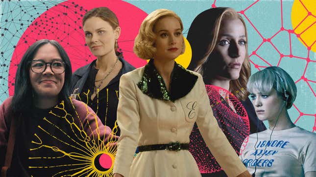 From left to right: Charlotte Nicdao in Mythic Quest (Apple TV+);  Emily Deschanel in Bones (Fox); Brie Larson in Lessons in Chemistry (Apple TV+); Gillian Anderson in The X-Files (Fox); Mackenzie Davis in Halt and Catch Fire (AMC).