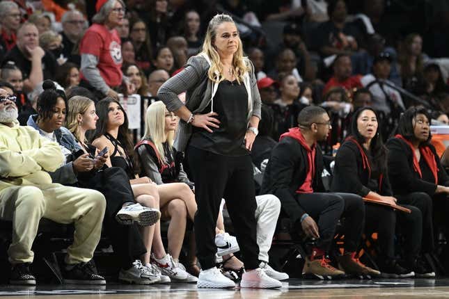 Oct 11, 2023; Las Vegas, Nevada, USA; Las Vegas Aces head coach Becky Hammon looks up the court during the first half of the game against the New York Liberty during game two of the 2023 WNBA Finals at Michelob Ultra Arena.