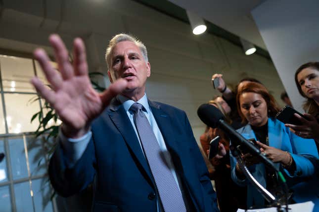 Speaker of the House Kevin McCarthy, R-Calif., briefs reporters following a closed-door Republican Conference meeting on how to agree on a path to funding the government, at the Capitol in Washington, Tuesday, Sept. 19, 2023. (AP Photo/J. Scott Applewhite)