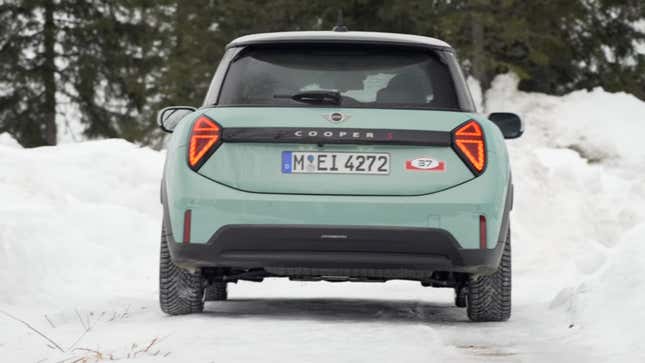 A screenshot from a video shwoing the new 2025 F66 Cooper S from the rear. There are no visible exhaust pipes, sadly.