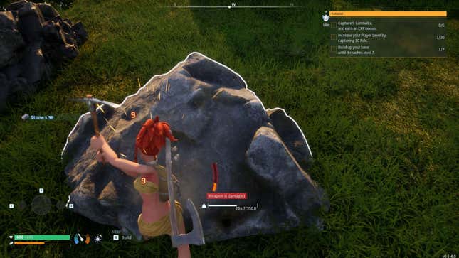 The player swings a pickaxe at a rock.