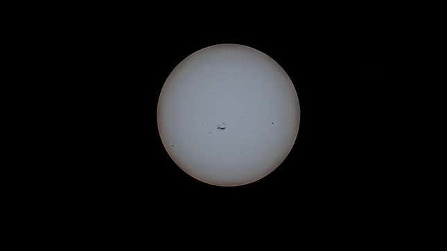 The Sun, featuring unusually large sunspots, as viewed with the Dwarf II telescope fitted with its solar filter (no external editing).